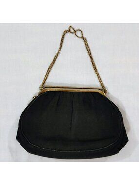 Vintage Black Evening Purse Gold-tone Chain Side Kiss Lock Clutch Handbag MCM
